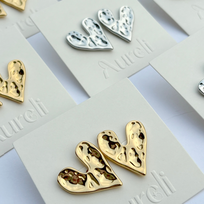 Hammered Heart Shaped Stud Earrings Gold/Silver